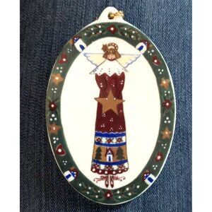 Christmas Ornament Oval Ceramic Angel Stars By Cynthia Madrid Folk Art READ